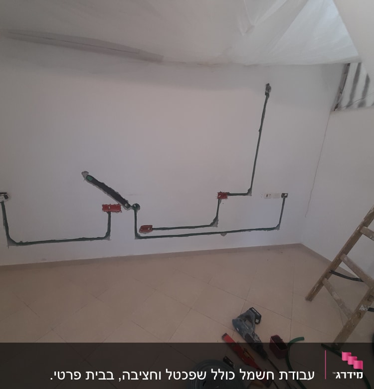 קיר גבס עם תעלות חשמל וכלי עבודה על הרצפה